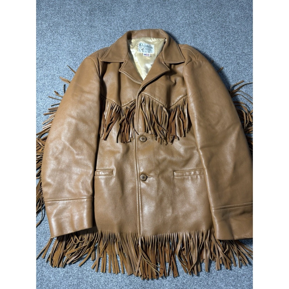 Vintage 90s Deer Wear Brand Men's‎ Deerskin Leather Fringe Button Jacket Size 46 - Picture 4 of 7